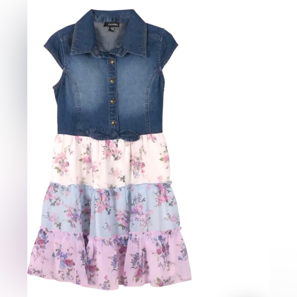 Zunie Denim Cap-sleeve Floral Dress